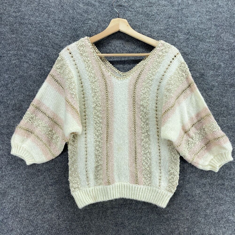 Vintage Pretense Sweater Pullover Women S Small White Striped Nylon Knit V-Neck